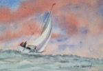 seascape, ocean, waves, boat, sailboat, sky, crimson, watercolor, painting, oberst